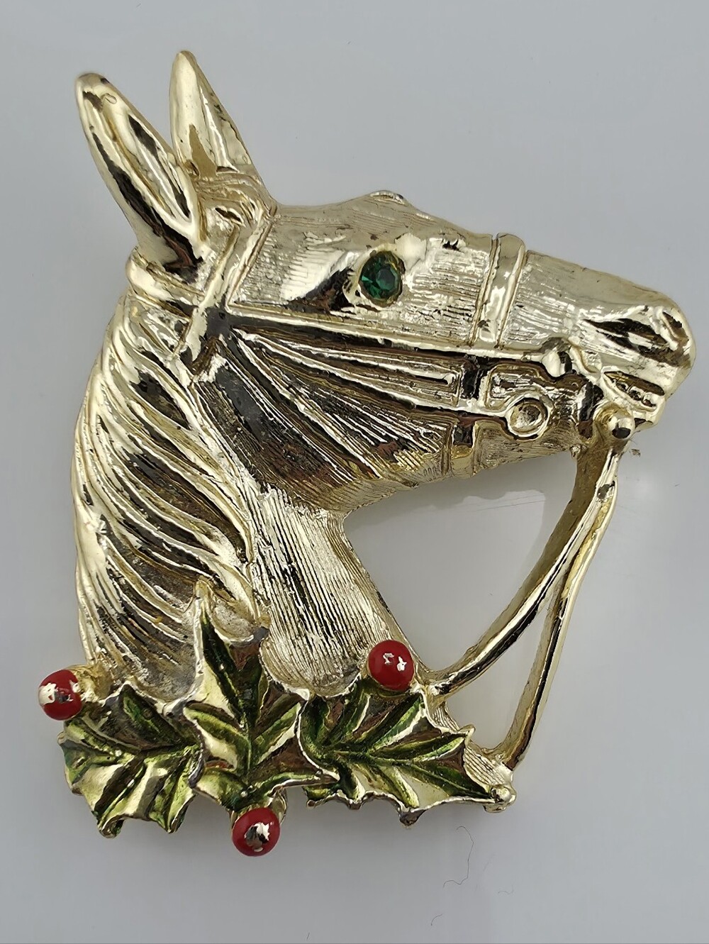 Vintage Gerry’s Horse Head Christmas Brooch Gold Tone Holly Green Rhinestone